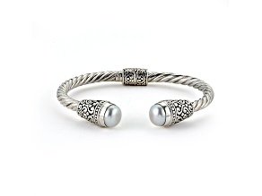 Silver Treasures by Samuel B. 10mm Pearl Sterling Silver Balinese Design Bangle Bracelet