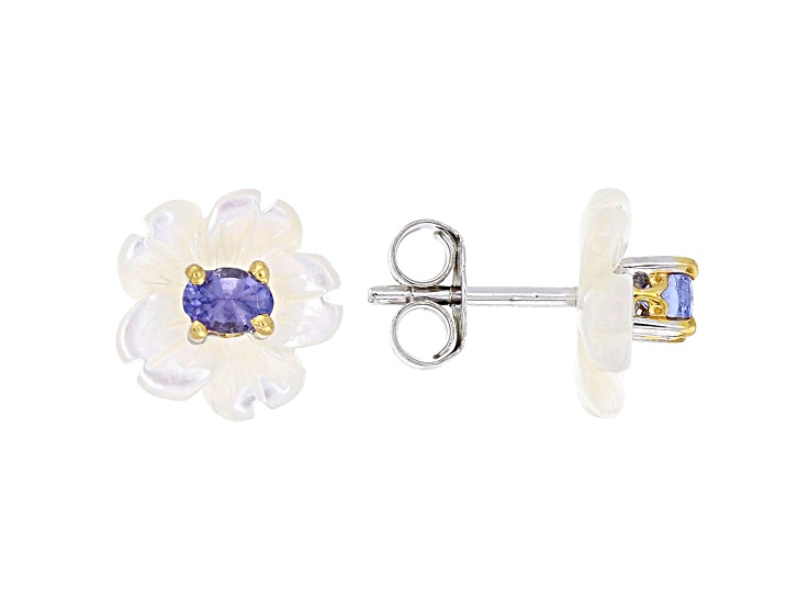 Blue Tanzanite 24K Yellow Gold Over Palladium Sterling Silver Flower Earrings 0.38ctw