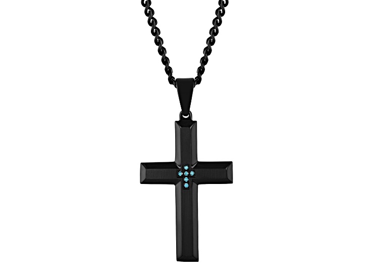 Black Ion-Plated Stainless Steel and Blue Diamond Beveled Cross Pendant With Chain 0.05ctw
