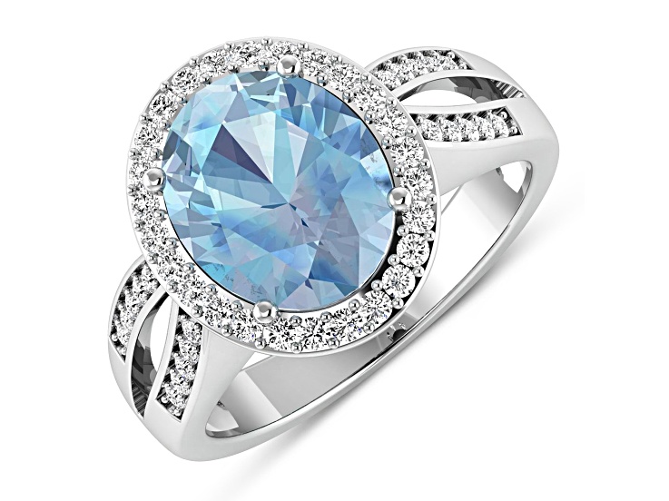 3.29 ctw Oval Blue Aquamarine and Diamond 14K White Gold Split Shank Halo Ring