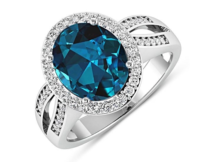 4.09 ctw Oval London Blue Topaz and Diamond 14K White Gold Split Shank Halo Ring