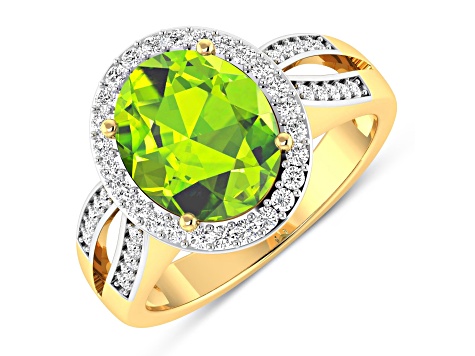 4.24 ctw Oval Green Peridot and Diamond 14K Yellow Gold Split Shank Halo Ring
