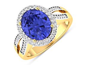 3.82 ctw Oval Violet Tanzanite and Diamond 14K Yellow Gold Split Shank Halo Ring