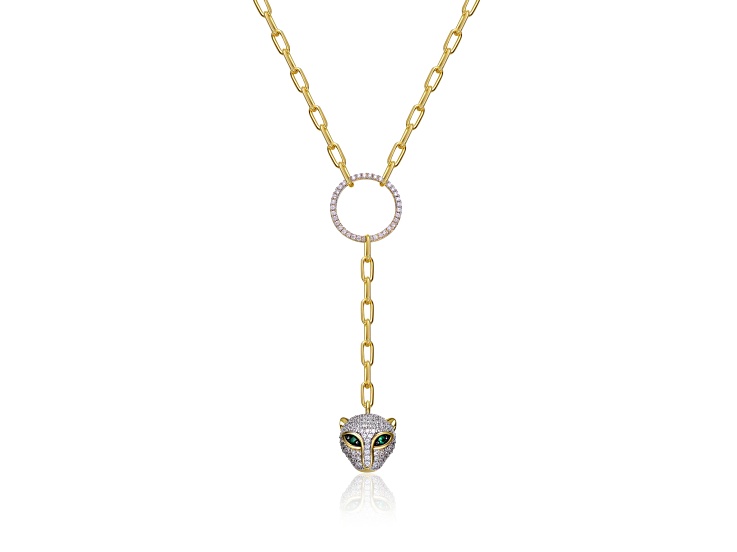 14K Gold Plated over Brass with Emerald Green Cubic Zirconia Eyes Cat Head Link Chain Necklace