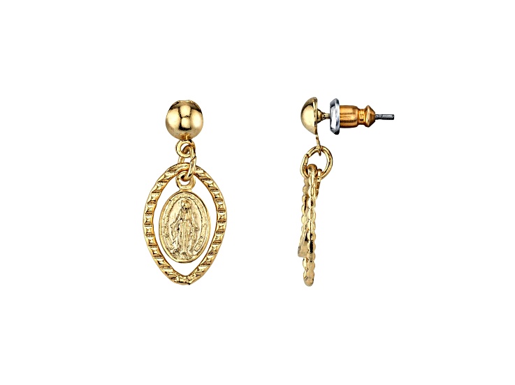 Symbols of Faith Gold Tone Mother Mary Medallion Drop Earrings