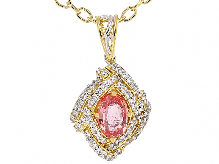 Lotus Pink Sapphire & White Zircon 24k Gold Over Palladium Silver Pendant W/ Chain 1.94ctw