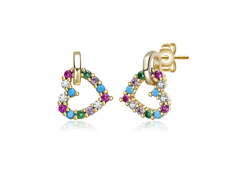 Multi Colored Cubic Zirconia, 14K Gold Plated over Brass Heart Drop Earrings for Kids