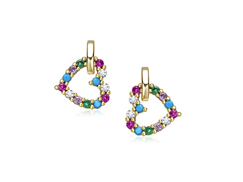Multi Colored Cubic Zirconia, 14K Gold Plated over Brass Heart Drop Earrings for Kids