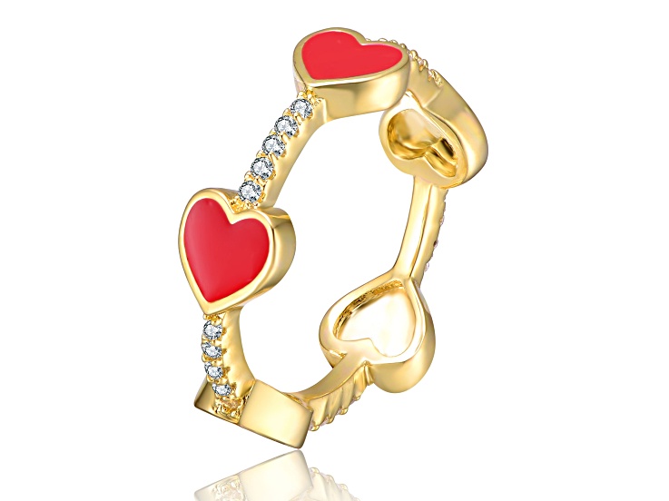 Clear Cubic Zirconia, 14K Gold Plated over Sterling Silver Red Enamel ...