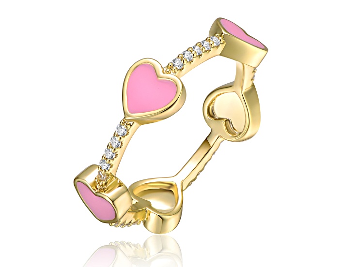 Clear Cubic Zirconia, 14K Gold Plated over Sterling Silver Pink Enamel ...