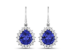 Violet Blue Tanzanite and White Diamond 14k White Gold Dangle Halo Teardrop Earrings