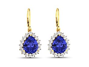 Violet Blue Tanzanite and White Diamond 14k Yellow Gold Dangle Halo Teardrop Earrings