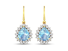 Blue Aquamarine and White Diamond 14k Yellow Gold Dangle Halo Teardrop Earrings