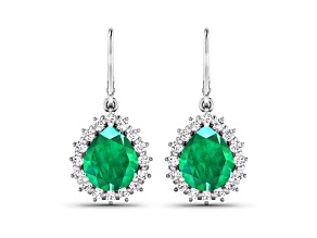 Green Zambian Emerald and White Diamond 14k White Gold Dangle Halo Teardrop Earrings
