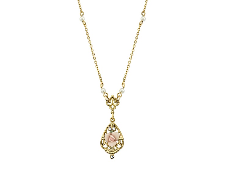 1928 Jewelry Gold Tone Brass Crystal and Pink Porcelain Rose Simulated Pearl Pendant With Chain