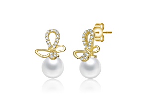 Clear Cubic Zirconia & Mother of Pearl, 14K Gold Plated over Brass with Drop Earrings