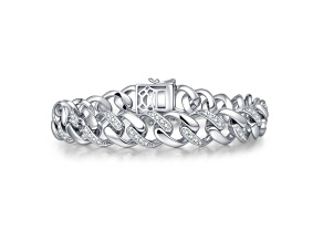Clear Cubic Zirconia, Rhodium Plated over Sterling Silver with Iced Out Curb Chain Bracelet for Men