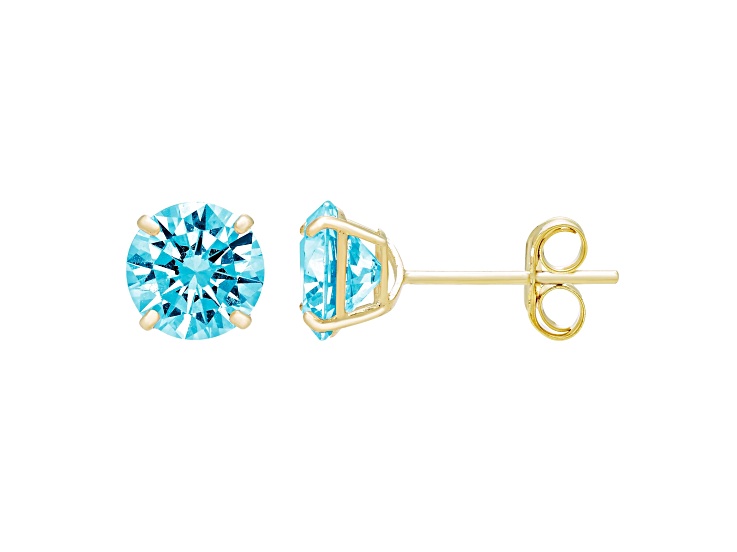 14K Gold Round 5MM Cubic Zirconia Birthstone Earrings - Aquamarine