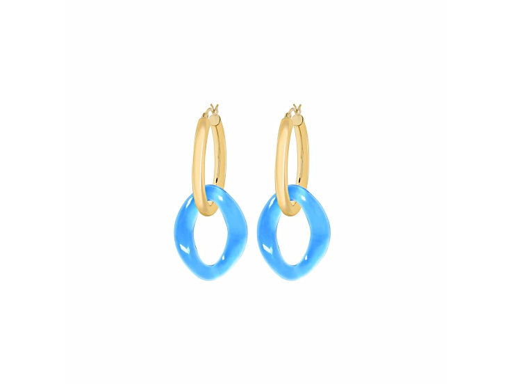 14K Yellow Gold Over Brass Acrylic Curb Link Hoop Earrings in Blue