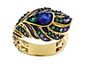 Cobalt Blue Spinel Rhodium/24k Yellow Gold Over Palladium Sterling Silver Peacock Feather Ring