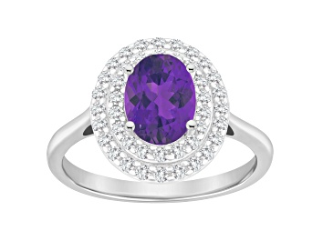 Picture of 8x6mm Oval Amethyst And White Topaz Accents Rhodium Over Sterling Silver Double Halo Ring