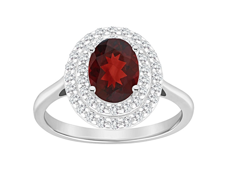 8x6mm Oval Garnet And White Topaz Accents Rhodium Over Sterling Silver Double Halo Ring