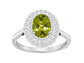 8x6mm Oval Peridot And White Topaz Accents Rhodium Over Sterling Silver Double Halo Ring