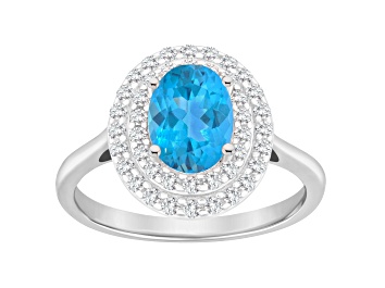 Picture of 8x6mm Oval Swiss Blue Topaz And White Topaz Accents Rhodium Over Sterling Silver Double Halo Ring