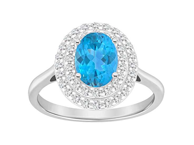 8x6mm Oval Swiss Blue Topaz And White Topaz Accents Rhodium Over Sterling Silver Double Halo Ring