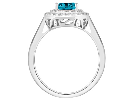 8x6mm Oval Swiss Blue Topaz And White Topaz Accents Rhodium Over Sterling Silver Double Halo Ring