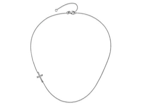 Offset Cross Chain Rhodium Over Sterling Silver Cubic Zirconia Offset Sideways Cross with ...