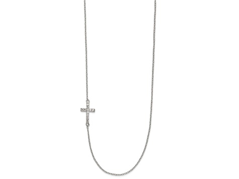 Offset Cross Chain Rhodium Over Sterling Silver Cubic Zirconia Offset Sideways Cross with ...