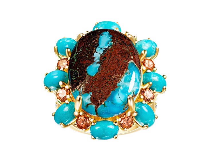 Oval Turquoise with Round Orange and White Zircon14K Yellow Gold Over Sterling Silver Ring 0.9Cttw