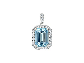 14K White Gold Octagon Aquamarine and Diamond Pendant 0.64ctw