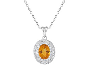 8x6mm Oval Citrine And White Topaz Accent Rhodium Over Sterling Silver Double Halo Pendant w/Chain