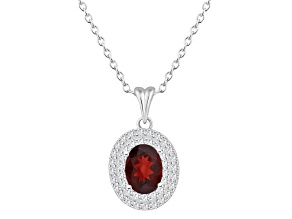 8x6mm Oval Garnet And White Topaz Accent Rhodium Over Sterling Silver Double Halo Pendant w/Chain
