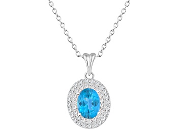 Picture of 8x6mm Oval Swiss Blue Topaz And White Topaz Rhodium Over Sterling Silver Double Halo Pendant w/Chain