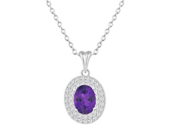 Picture of 8x6mm Oval Amethyst And White Topaz Accent Rhodium Over Sterling Silver Double Halo Pendant w/Chain