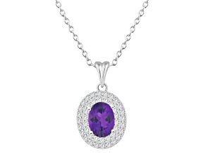 8x6mm Oval Amethyst And White Topaz Accent Rhodium Over Sterling Silver Double Halo Pendant w/Chain