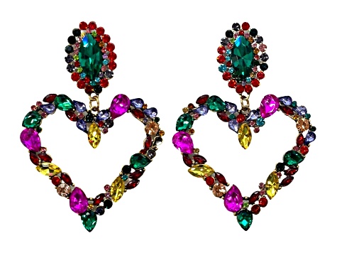 Off Park® Collection, Gold Tone Multi-Color Heart Shape Glass Crystal Dangle Earrings.