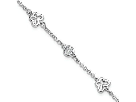 Rhodium Over Sterling Silver Cubic Zirconia Butterfly with 1-inch Extension Bracelet