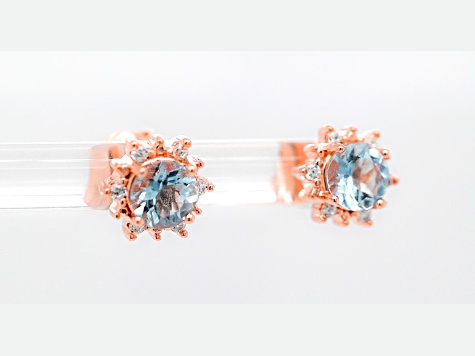 Aquamarine and CZ 1.57 Ctw Round 18K Rose Gold Over Sterling Silver Studs Earrings Jewelry