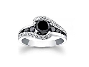 Black Spinel And White Topaz Accents Rhodium Over Sterling Silver Bypass Ring