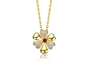 Ruby Red Cubic Zirconia, 14k Gold Plated over Brass Pave Flower Pendant Necklace