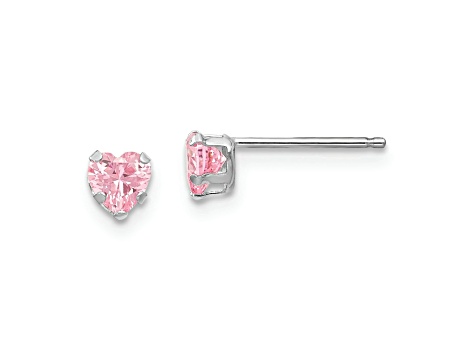 Rhodium Over 14k White Gold Children's 4mm Pink Cubic Zirconia Heart Stud Earrings