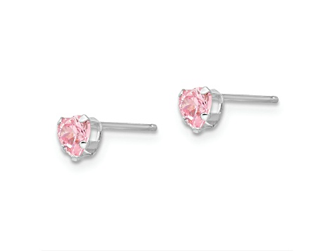 Rhodium Over 14k White Gold Children's 4mm Pink Cubic Zirconia Heart Stud Earrings