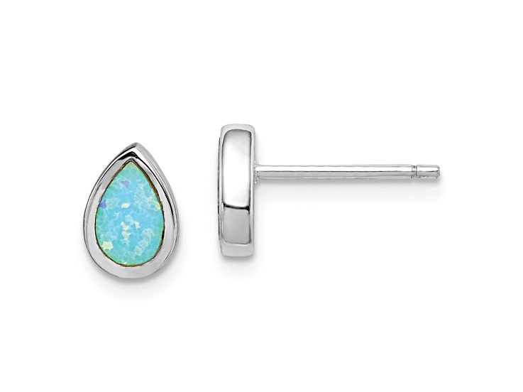 Rhodium Over Sterling Silver Polished Blue Created Opal Teardrop Stud Earrings