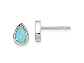 Picture of Rhodium Over Sterling Silver Polished Blue Created Opal Teardrop Stud Earrings