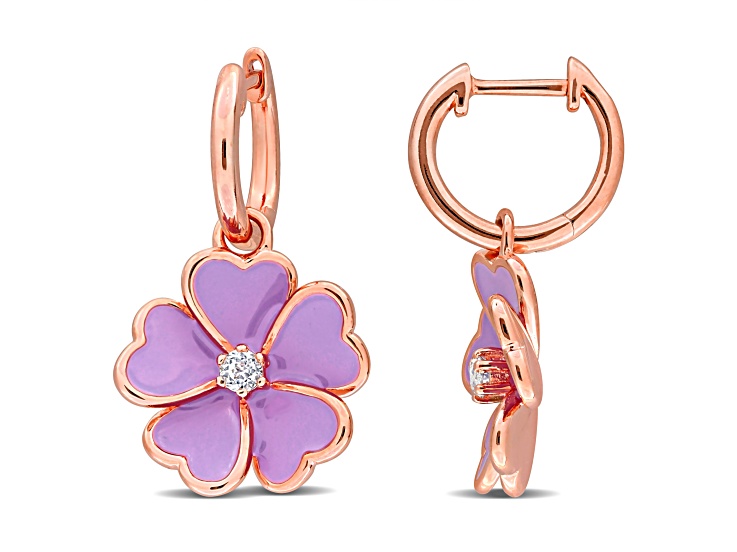 1/6 CT TGW White Topaz with Purple Enamel Flower Hoop Earrings in Rose Plated Sterling Silver