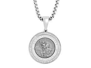 Stainless Steel and White Diamond St. Christopher Medallion Pendant With Chain 0.25ctw